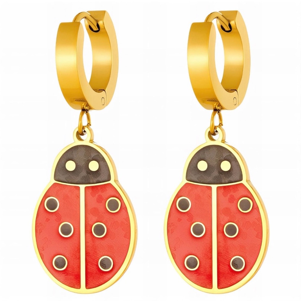 Ladybug 18K Gold Plated Drop Hoop Stainless Steel Earrings